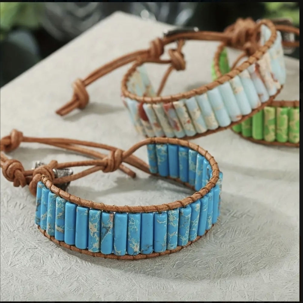 Bracelet Stone Leather Vintage Style Rocker Hippie Surfer Mens Chakra Bracelet